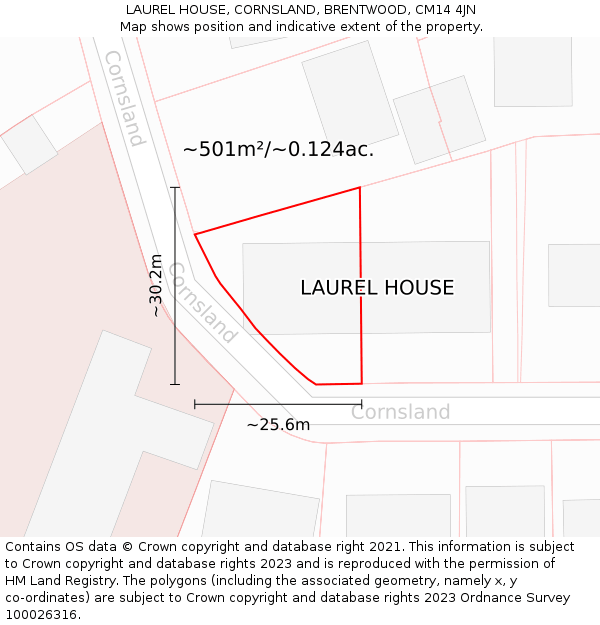 LAUREL HOUSE, CORNSLAND, BRENTWOOD, CM14 4JN: Plot and title map