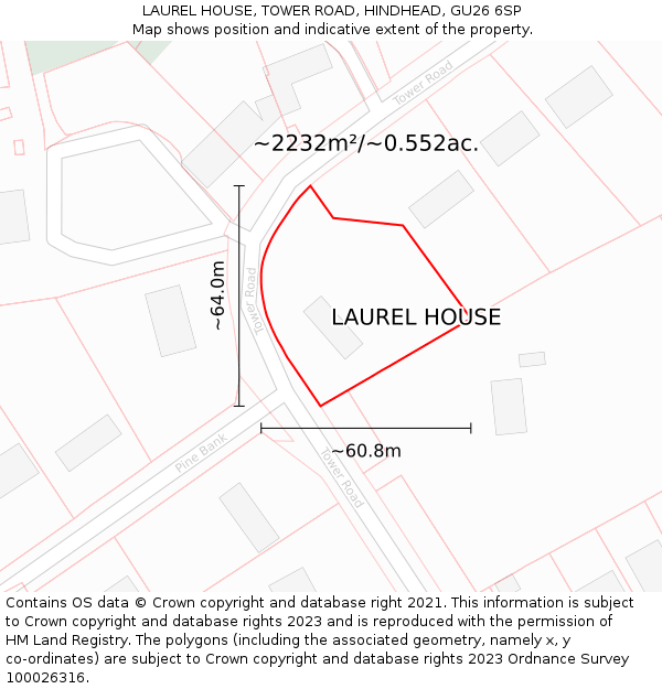 LAUREL HOUSE, TOWER ROAD, HINDHEAD, GU26 6SP: Plot and title map