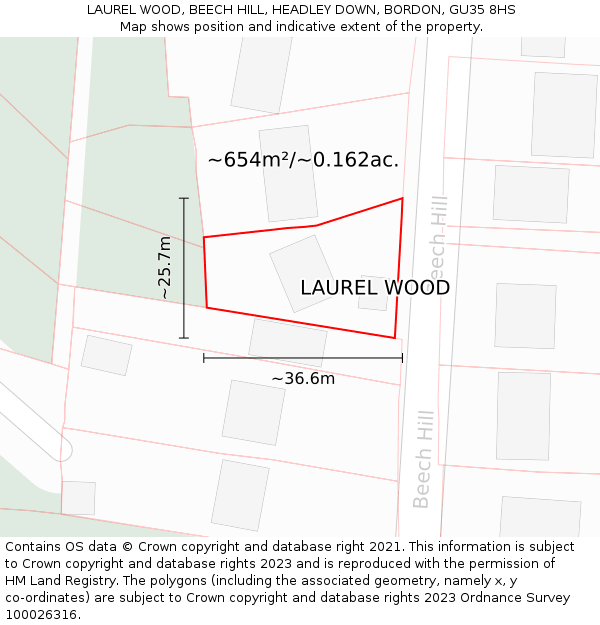 LAUREL WOOD, BEECH HILL, HEADLEY DOWN, BORDON, GU35 8HS: Plot and title map