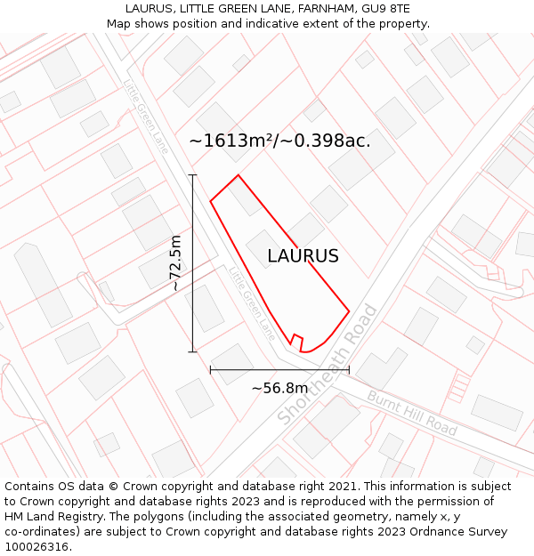 LAURUS, LITTLE GREEN LANE, FARNHAM, GU9 8TE: Plot and title map