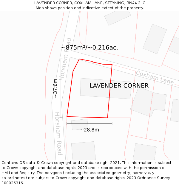 LAVENDER CORNER, COXHAM LANE, STEYNING, BN44 3LG: Plot and title map