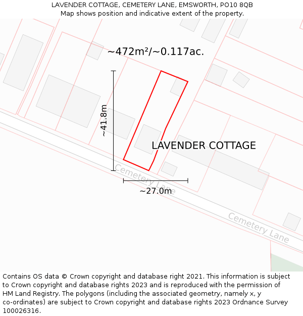 LAVENDER COTTAGE, CEMETERY LANE, EMSWORTH, PO10 8QB: Plot and title map