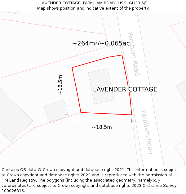 LAVENDER COTTAGE, FARNHAM ROAD, LISS, GU33 6JE: Plot and title map