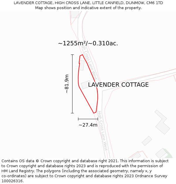 LAVENDER COTTAGE, HIGH CROSS LANE, LITTLE CANFIELD, DUNMOW, CM6 1TD: Plot and title map