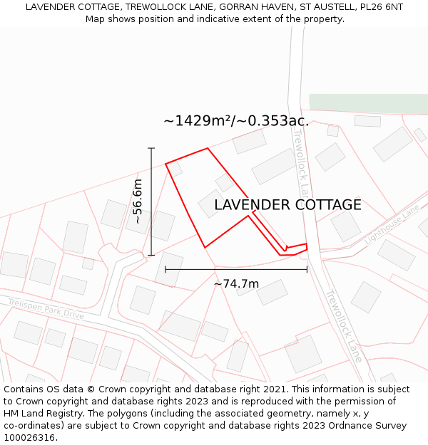 LAVENDER COTTAGE, TREWOLLOCK LANE, GORRAN HAVEN, ST AUSTELL, PL26 6NT: Plot and title map