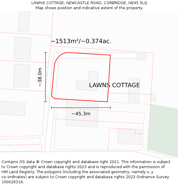 LAWNS COTTAGE, NEWCASTLE ROAD, CORBRIDGE, NE45 5LQ: Plot and title map