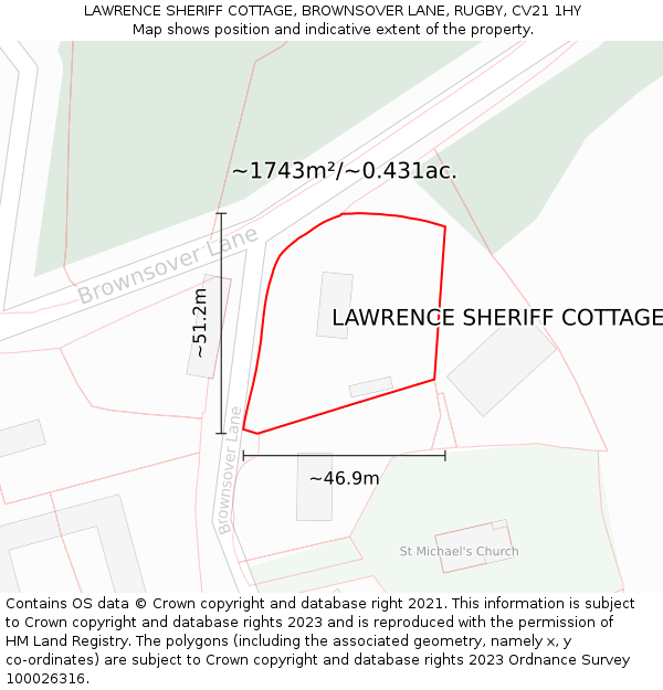 LAWRENCE SHERIFF COTTAGE, BROWNSOVER LANE, RUGBY, CV21 1HY: Plot and title map