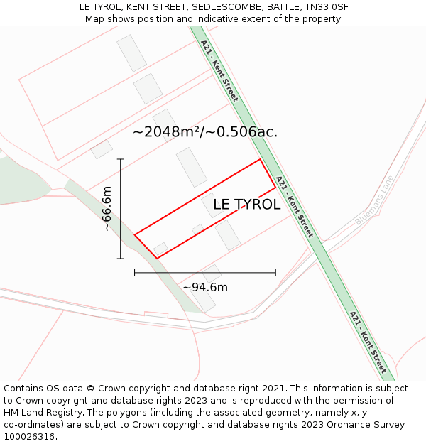 LE TYROL, KENT STREET, SEDLESCOMBE, BATTLE, TN33 0SF: Plot and title map