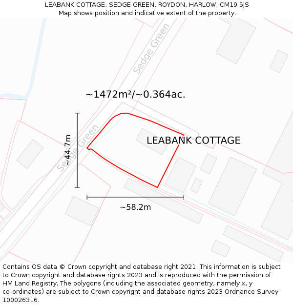 LEABANK COTTAGE, SEDGE GREEN, ROYDON, HARLOW, CM19 5JS: Plot and title map