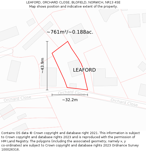 LEAFORD, ORCHARD CLOSE, BLOFIELD, NORWICH, NR13 4SE: Plot and title map
