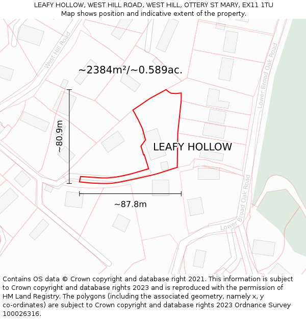 LEAFY HOLLOW, WEST HILL ROAD, WEST HILL, OTTERY ST MARY, EX11 1TU: Plot and title map