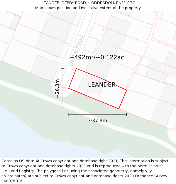 LEANDER, DERBY ROAD, HODDESDON, EN11 0BG: Plot and title map