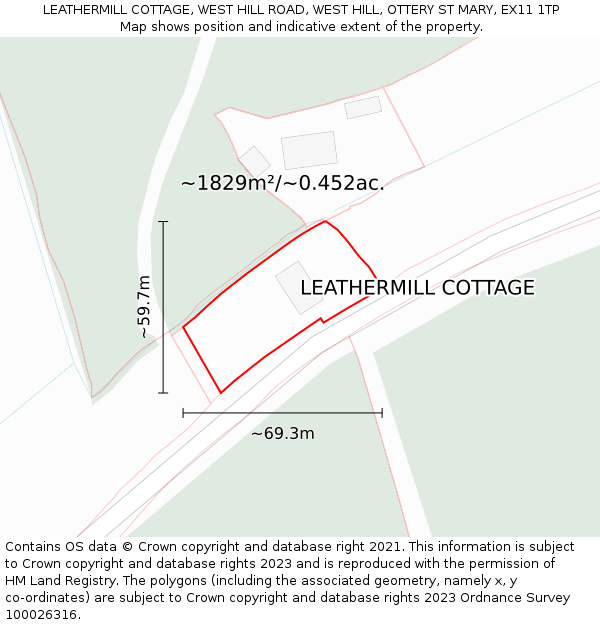 LEATHERMILL COTTAGE, WEST HILL ROAD, WEST HILL, OTTERY ST MARY, EX11 1TP: Plot and title map