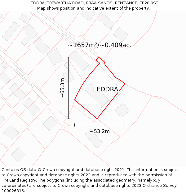 LEDDRA, TREWARTHA ROAD, PRAA SANDS, PENZANCE, TR20 9ST: Plot and title map