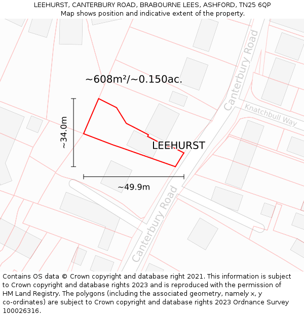 LEEHURST, CANTERBURY ROAD, BRABOURNE LEES, ASHFORD, TN25 6QP: Plot and title map