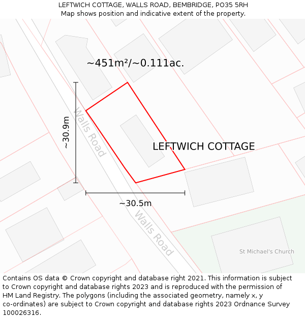 LEFTWICH COTTAGE, WALLS ROAD, BEMBRIDGE, PO35 5RH: Plot and title map
