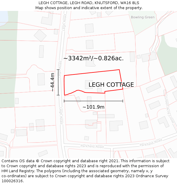 LEGH COTTAGE, LEGH ROAD, KNUTSFORD, WA16 8LS: Plot and title map