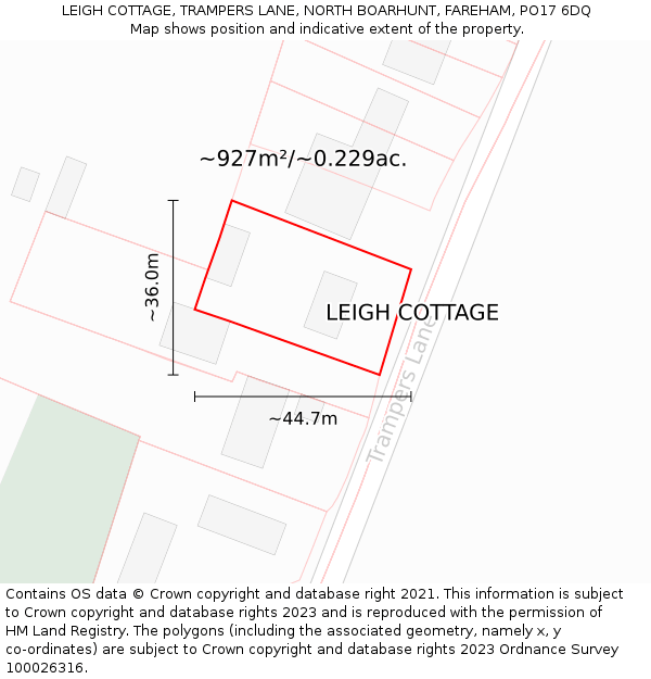 LEIGH COTTAGE, TRAMPERS LANE, NORTH BOARHUNT, FAREHAM, PO17 6DQ: Plot and title map