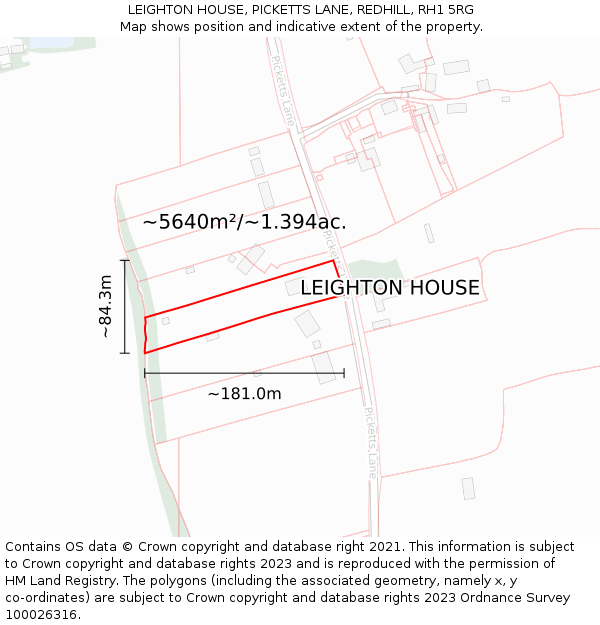 LEIGHTON HOUSE, PICKETTS LANE, REDHILL, RH1 5RG: Plot and title map