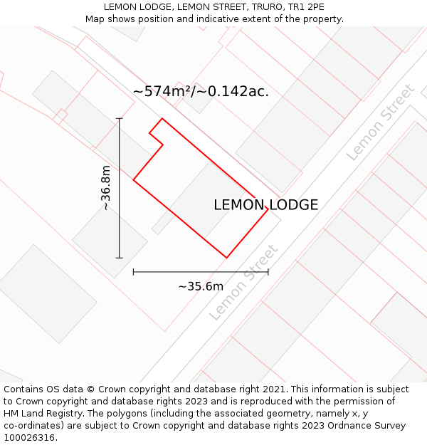 LEMON LODGE, LEMON STREET, TRURO, TR1 2PE: Plot and title map