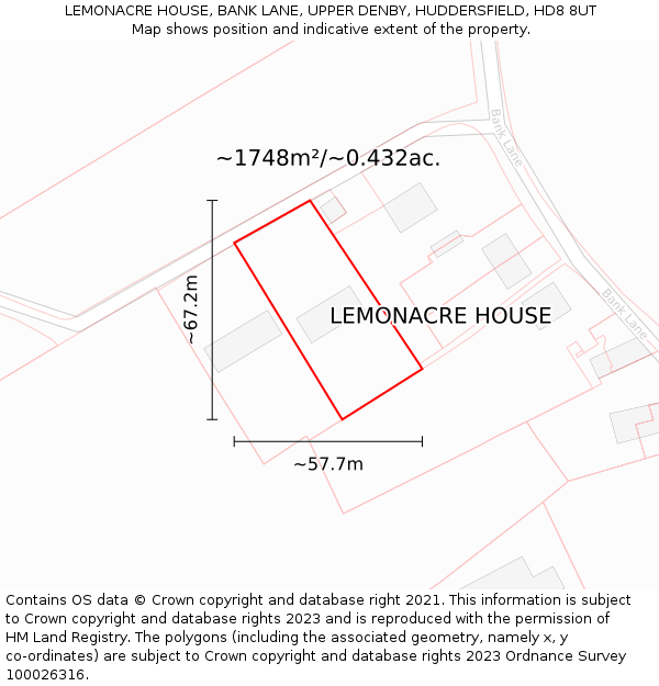 LEMONACRE HOUSE, BANK LANE, UPPER DENBY, HUDDERSFIELD, HD8 8UT: Plot and title map