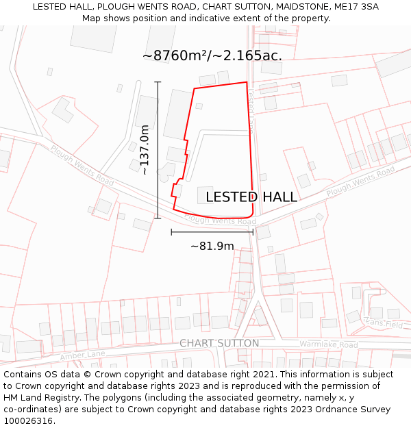 LESTED HALL, PLOUGH WENTS ROAD, CHART SUTTON, MAIDSTONE, ME17 3SA: Plot and title map