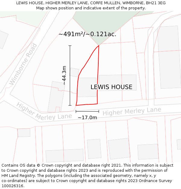 LEWIS HOUSE, HIGHER MERLEY LANE, CORFE MULLEN, WIMBORNE, BH21 3EG: Plot and title map