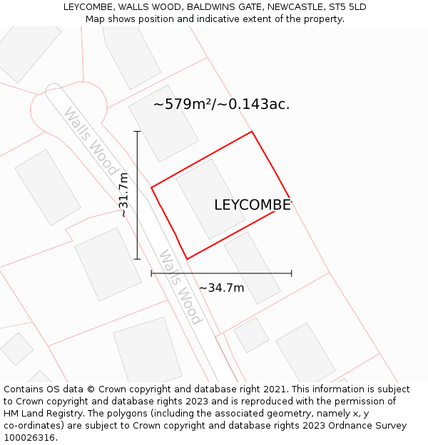 LEYCOMBE, WALLS WOOD, BALDWINS GATE, NEWCASTLE, ST5 5LD: Plot and title map