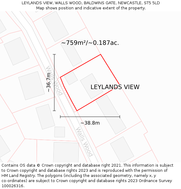 LEYLANDS VIEW, WALLS WOOD, BALDWINS GATE, NEWCASTLE, ST5 5LD: Plot and title map