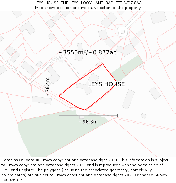 LEYS HOUSE, THE LEYS, LOOM LANE, RADLETT, WD7 8AA: Plot and title map