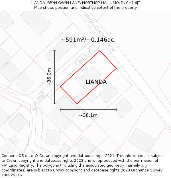 LIANDA, BRYN GWYN LANE, NORTHOP HALL, MOLD, CH7 6JT: Plot and title map