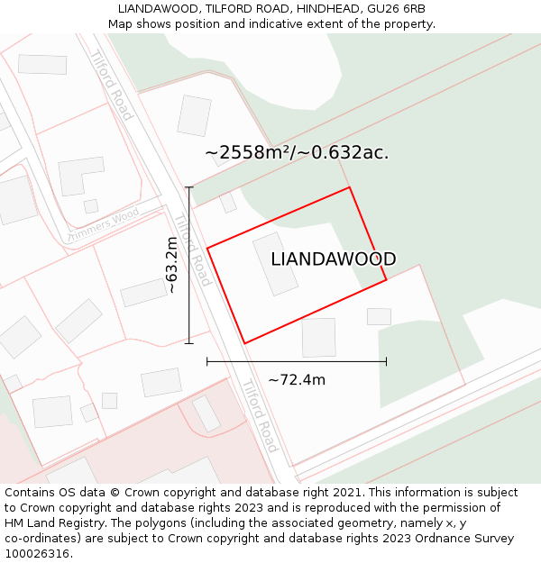 LIANDAWOOD, TILFORD ROAD, HINDHEAD, GU26 6RB: Plot and title map