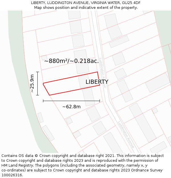 LIBERTY, LUDDINGTON AVENUE, VIRGINIA WATER, GU25 4DF: Plot and title map