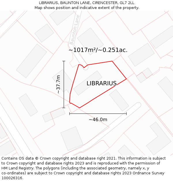 LIBRARIUS, BAUNTON LANE, CIRENCESTER, GL7 2LL: Plot and title map