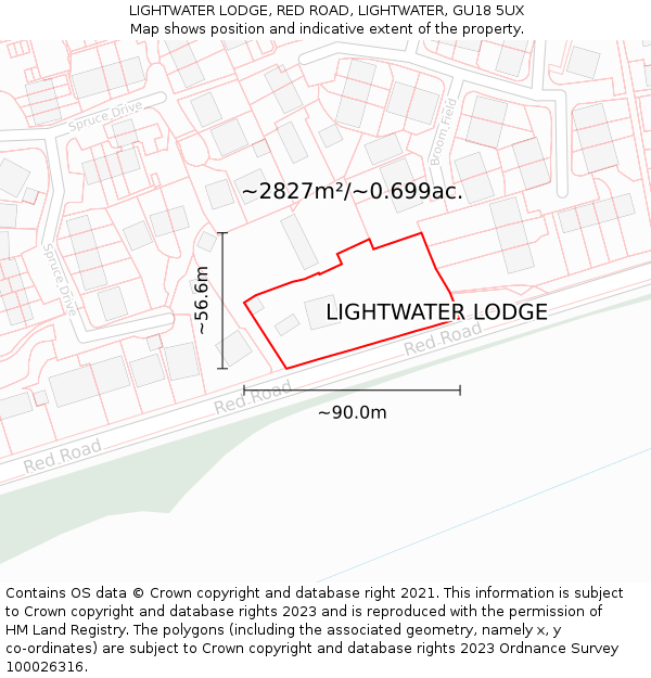 LIGHTWATER LODGE, RED ROAD, LIGHTWATER, GU18 5UX: Plot and title map