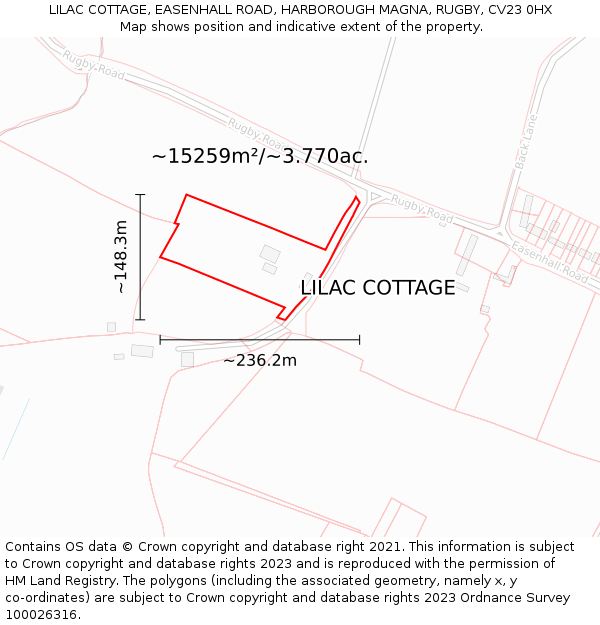 LILAC COTTAGE, EASENHALL ROAD, HARBOROUGH MAGNA, RUGBY, CV23 0HX: Plot and title map