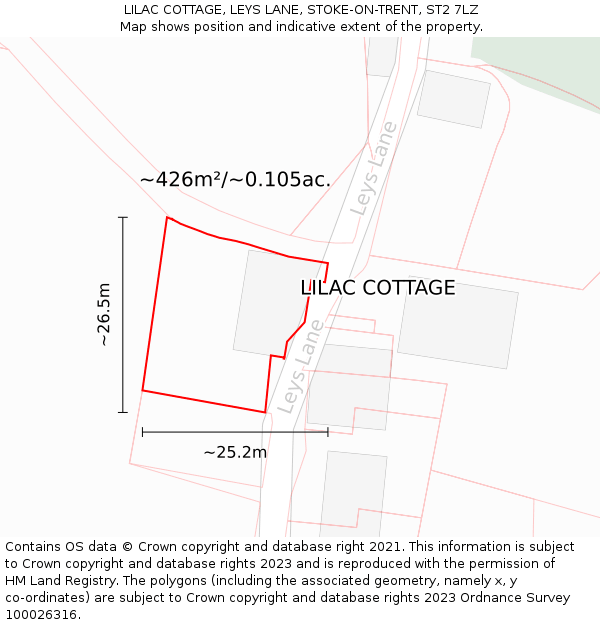 LILAC COTTAGE, LEYS LANE, STOKE-ON-TRENT, ST2 7LZ: Plot and title map