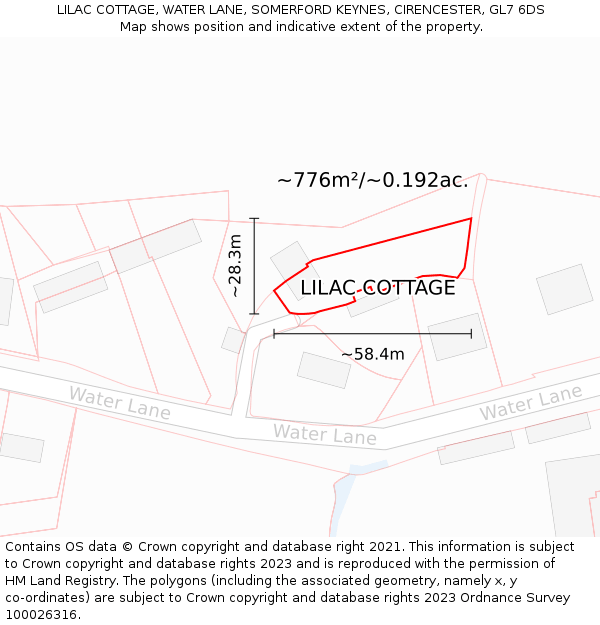 LILAC COTTAGE, WATER LANE, SOMERFORD KEYNES, CIRENCESTER, GL7 6DS: Plot and title map