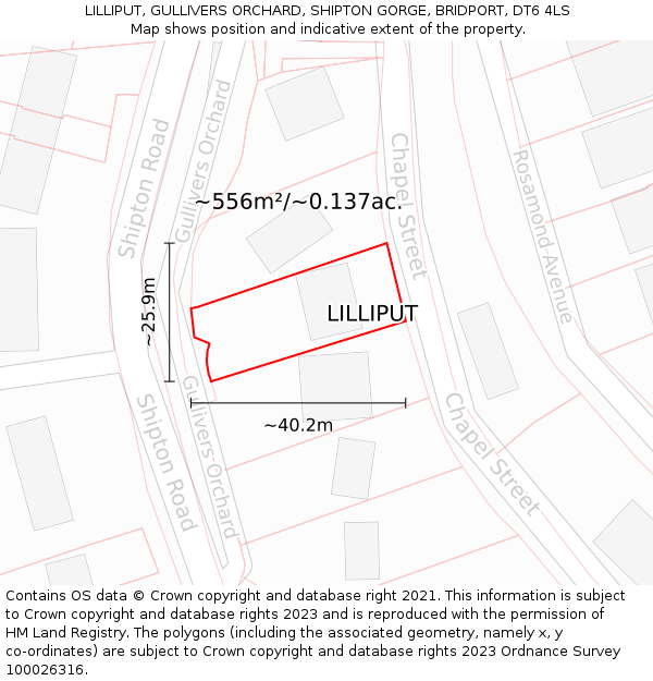 LILLIPUT, GULLIVERS ORCHARD, SHIPTON GORGE, BRIDPORT, DT6 4LS: Plot and title map