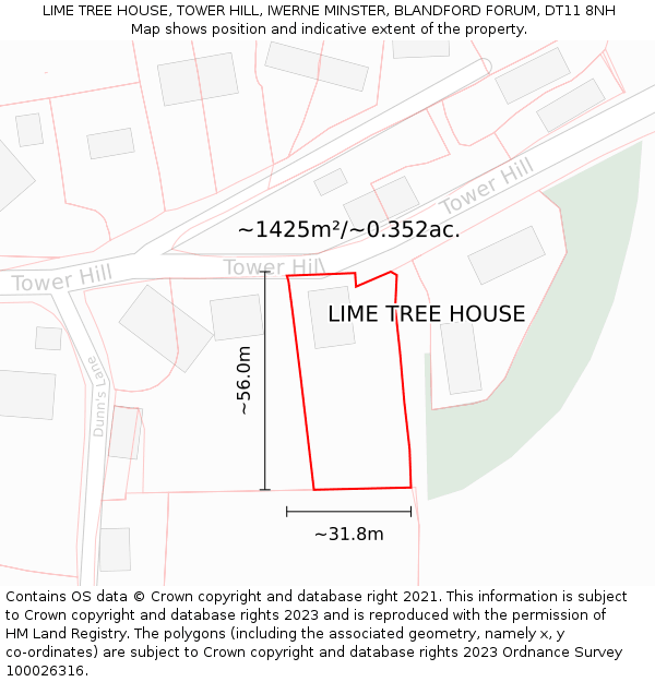 LIME TREE HOUSE, TOWER HILL, IWERNE MINSTER, BLANDFORD FORUM, DT11 8NH: Plot and title map