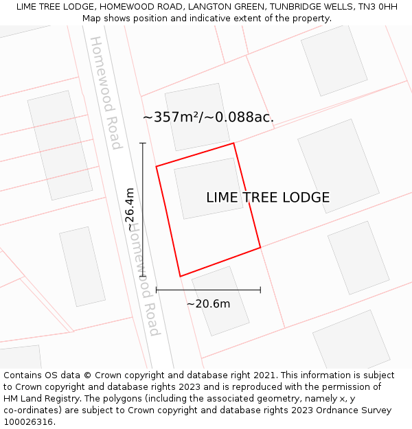 LIME TREE LODGE, HOMEWOOD ROAD, LANGTON GREEN, TUNBRIDGE WELLS, TN3 0HH: Plot and title map
