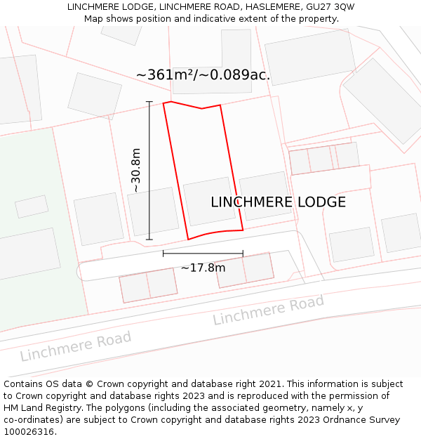 LINCHMERE LODGE, LINCHMERE ROAD, HASLEMERE, GU27 3QW: Plot and title map