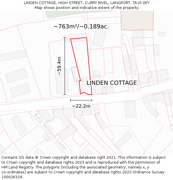 LINDEN COTTAGE, HIGH STREET, CURRY RIVEL, LANGPORT, TA10 0EY: Plot and title map