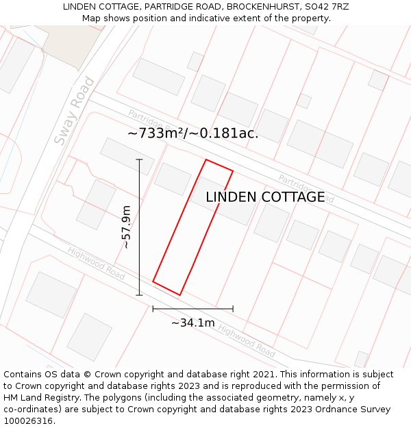 LINDEN COTTAGE, PARTRIDGE ROAD, BROCKENHURST, SO42 7RZ: Plot and title map