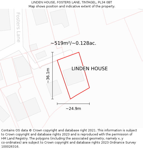 LINDEN HOUSE, FOSTERS LANE, TINTAGEL, PL34 0BT: Plot and title map
