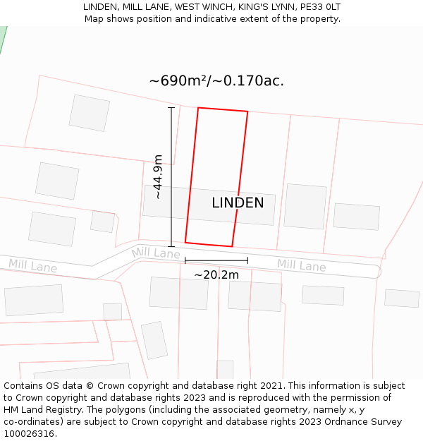 LINDEN, MILL LANE, WEST WINCH, KING'S LYNN, PE33 0LT: Plot and title map