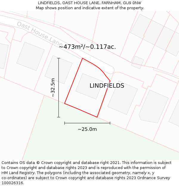 LINDFIELDS, OAST HOUSE LANE, FARNHAM, GU9 0NW: Plot and title map