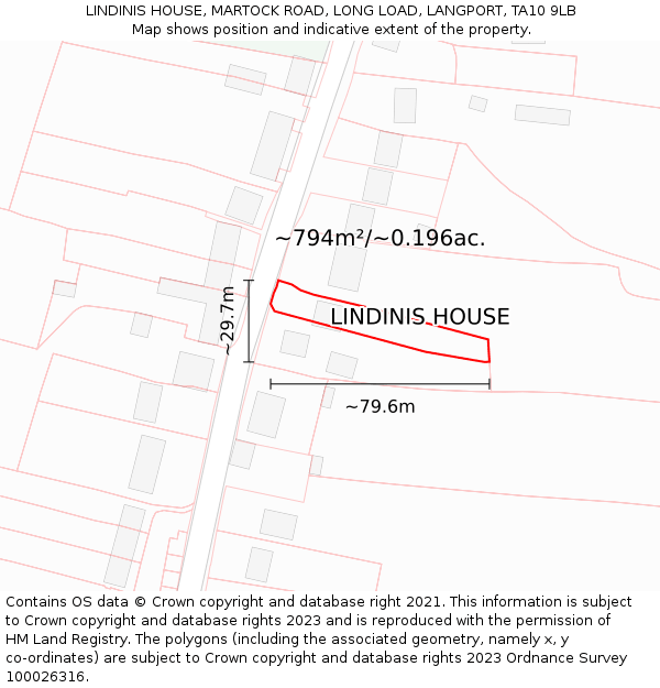 LINDINIS HOUSE, MARTOCK ROAD, LONG LOAD, LANGPORT, TA10 9LB: Plot and title map