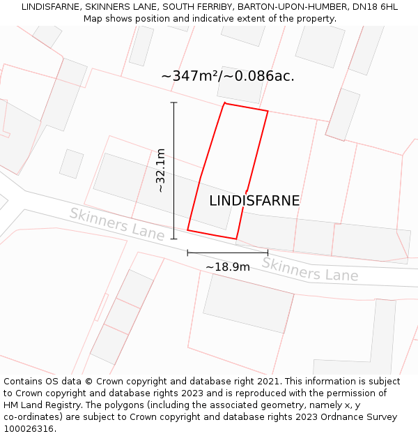 LINDISFARNE, SKINNERS LANE, SOUTH FERRIBY, BARTON-UPON-HUMBER, DN18 6HL: Plot and title map