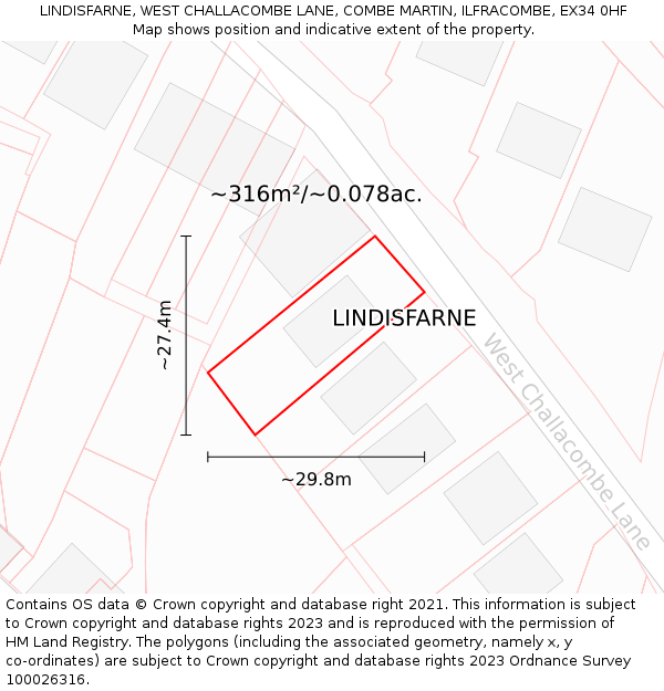 LINDISFARNE, WEST CHALLACOMBE LANE, COMBE MARTIN, ILFRACOMBE, EX34 0HF: Plot and title map